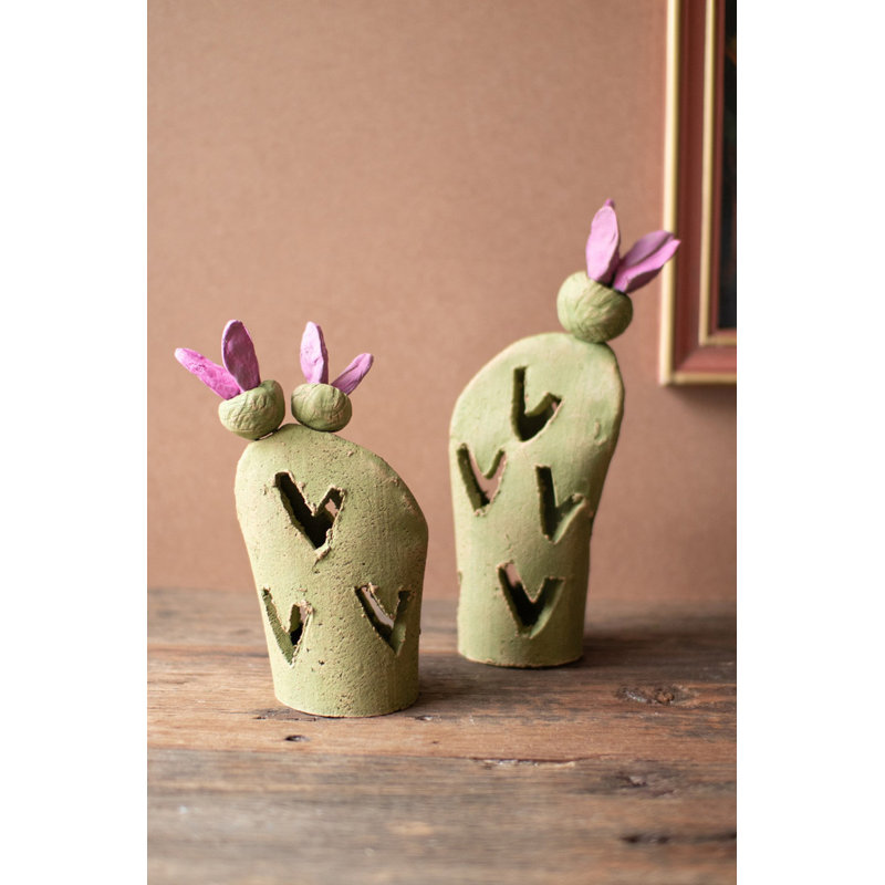  Ensemble de 2 luminaires en argile faits à la main avec motif de cactus pour l'intérieur et l'extérieur de 11,5 po de hauteur