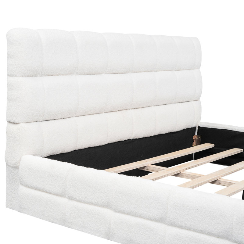 Lit plateforme tapissier grand format - blanc, coutures élégantes, bois et, sans sommier tapissier, L 87,8 po en version solide et solide, tête de lit pour un sommeil relaxant, printemps, 81 po x 61 po