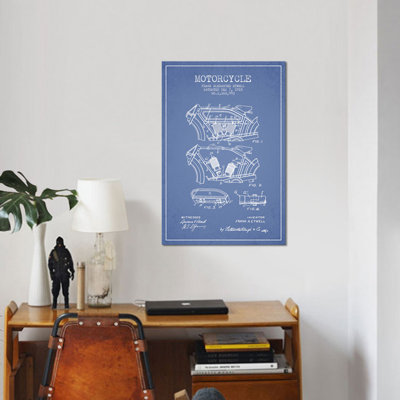 « frank a. etwell motocyclette », impression sur toile en bleu ciel