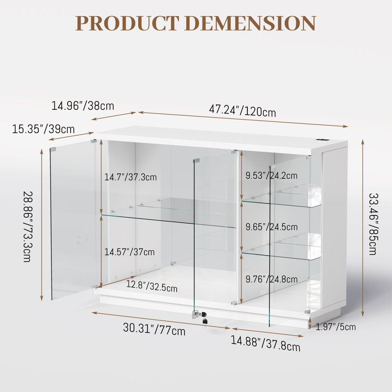 Buffet moderne de 47 po de largeur avec lumières DEL, armoire vitrée avec station de charge, Blanc