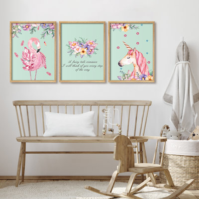 «Nursery Decor Flamingo Unicorns Animals Boho», reproduction d'art encadrée, affiche, chambre d'enfant, art mural