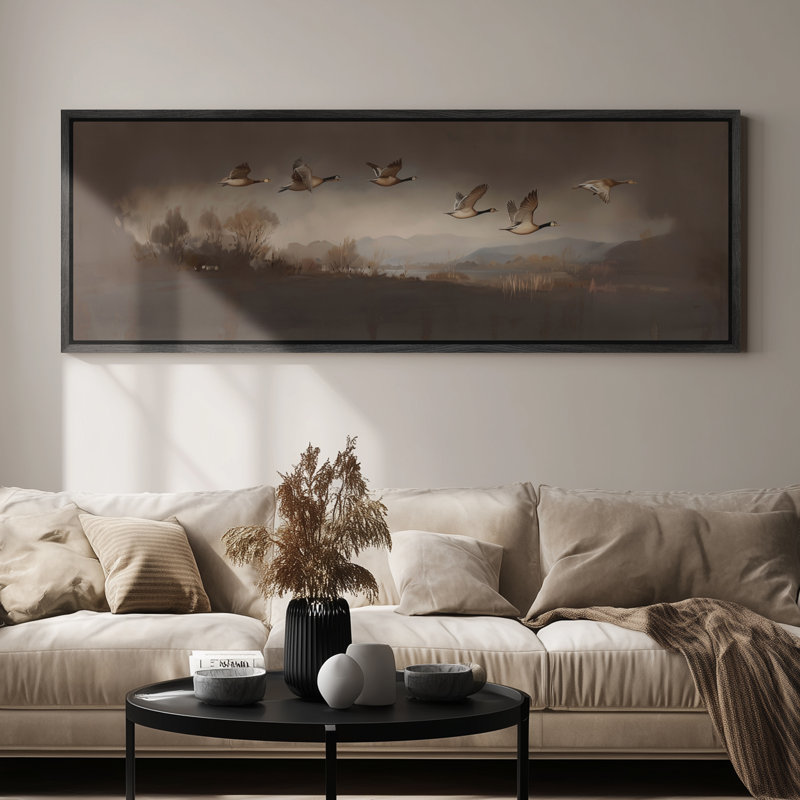 «Flying Geese Over Autumn Wetlands for Study Room», art mural, H 20 po x l 60 po, Noir