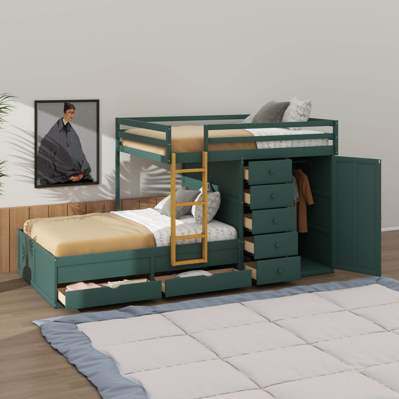 Full-Over-Twin & Twin Bunk Bed, Incorporating Storage Sections, Morandi Green