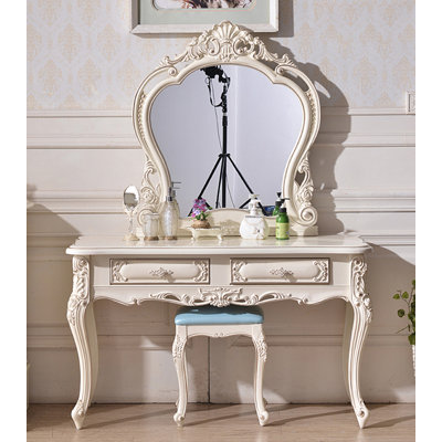 European Luxury Solid Oak Vanity Table Hand Carved With Storage Drawers And Mirror