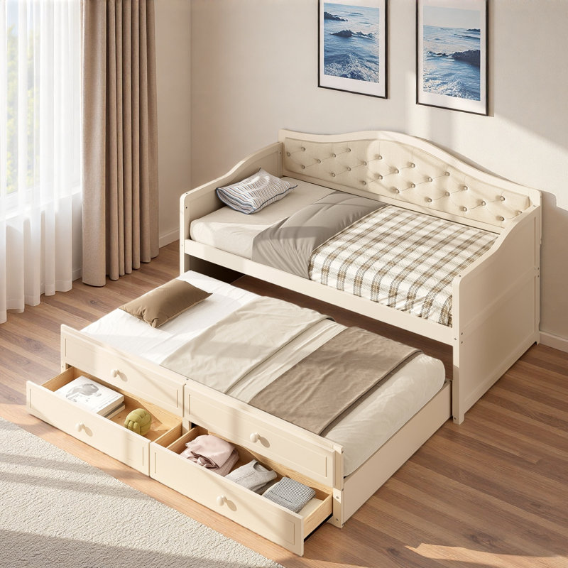 Lit de jour en bois avec lit gigogne, 2 tiroirs de rangement et dossier capitonné à boutons, Beige