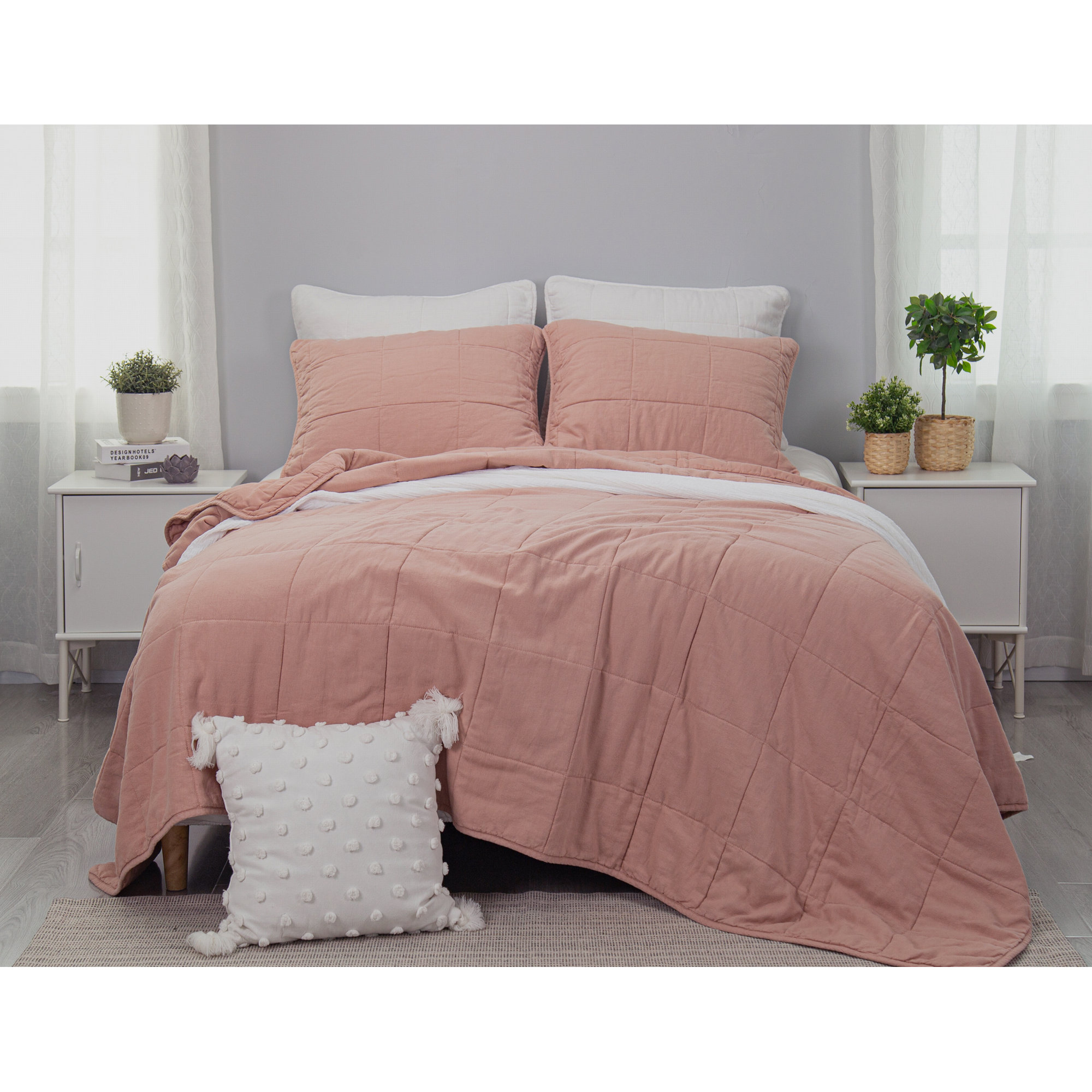 Stone Washed Linen Blend Box Stitch Quilt and Pillow Shams Set, Pink, Queen Quilt + 2 Shams