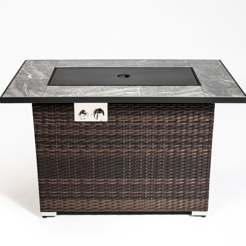 Table de feu 50000Btu avec comptoir en céramique, fosse au propane de 44 pouces, rectangulaire, couvercle, housse de pluie, pierres lumineuses en verre, gaz clignotant brun foncé