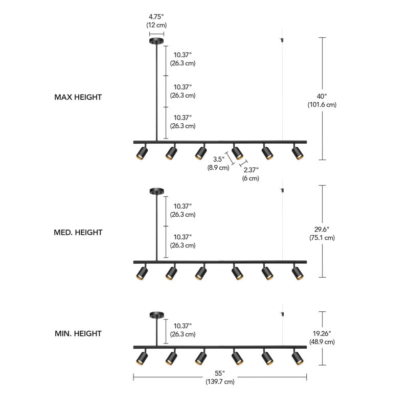 55" 6-Light Matte Black Adjustable Height Track Lighting with Pivoting Track Heads