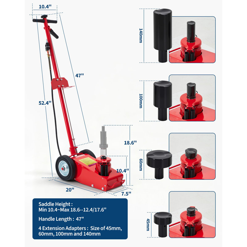 Cric hydraulique pneumatique double de 35 tonnes – Cric manuel de 35 tonnes (77 000 lb), conception compacte, hauteur de selle de 24,5 cm (9,64 po), poignée réglable, qualité industrielle pour camions et tracteurs poids lourds, bleu