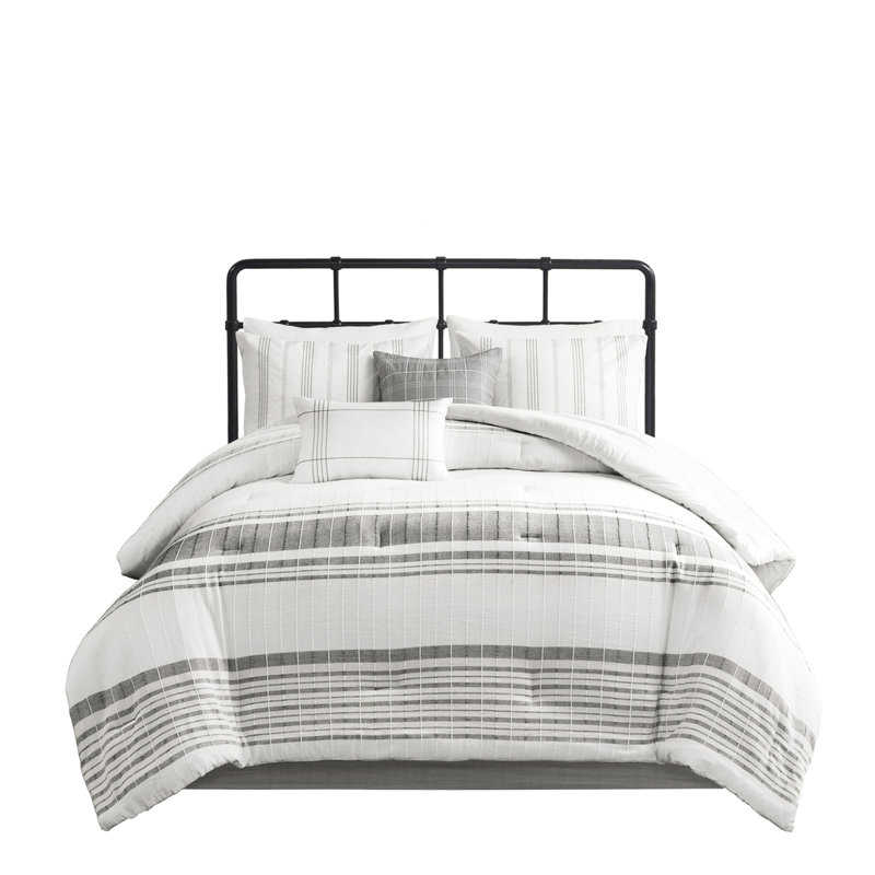 Édredon en coton 6 pièces pour grand lit - gris / blanc, Bartacks visibles, rembourrage 100% literie à rayures horizontales tissées,