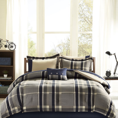 Literie simple à carreaux bleu marine TG - Draps en microfibre et oreiller