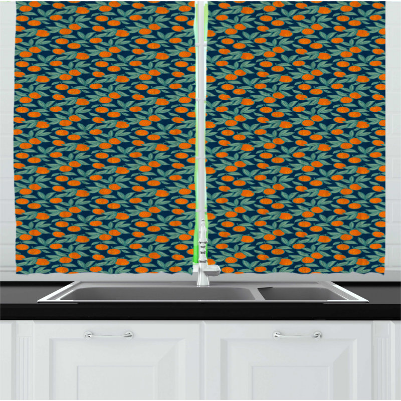 Mandarin Branches Dark Teal and Burnt Orange Kitchen Curtains