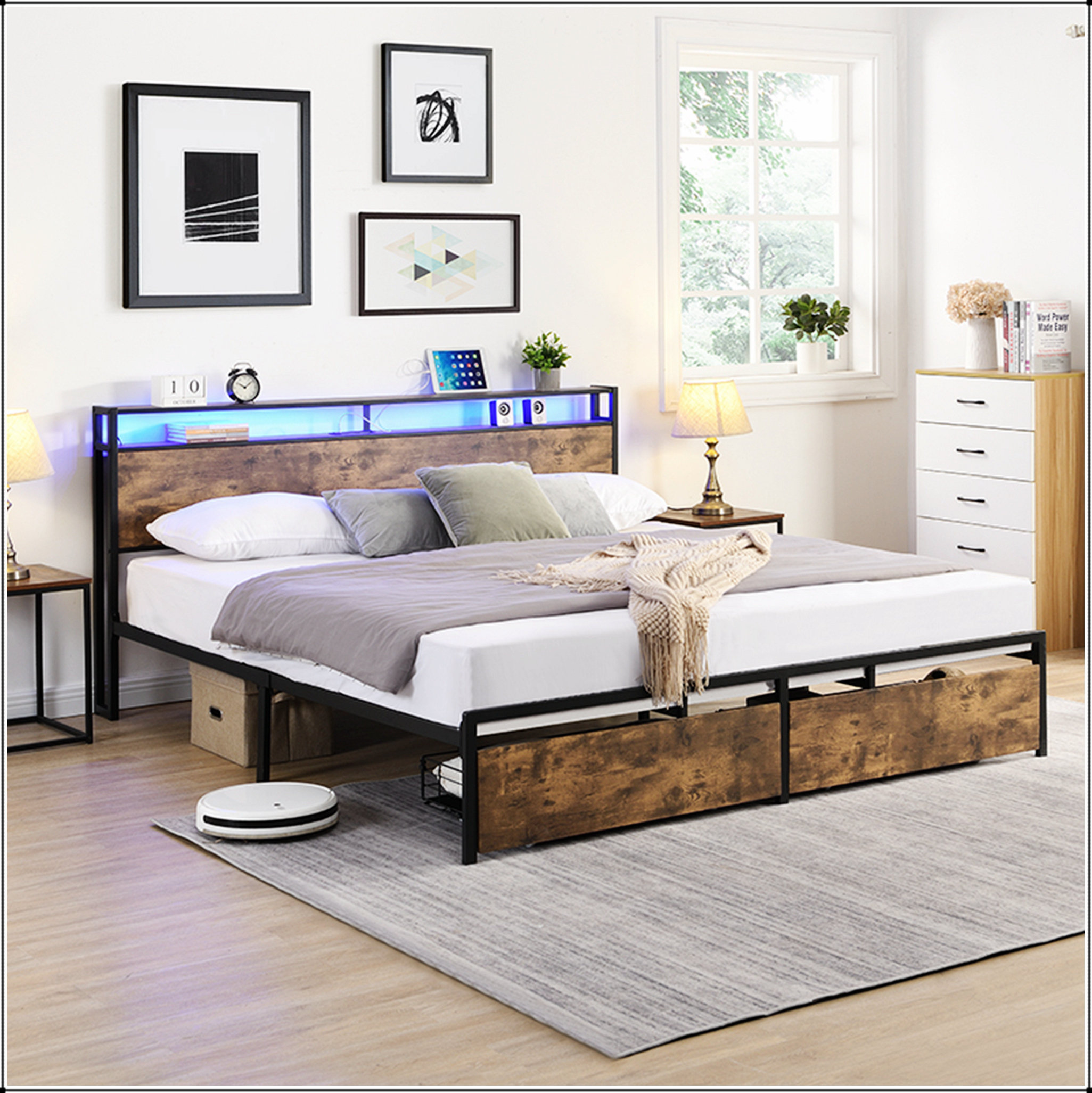 17 Stories Bed Frame with Storage Headboard and Charging Station ...