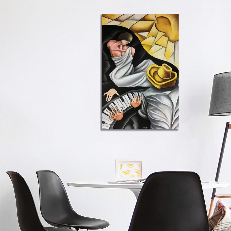 The Muse Of The Pianist by Dixie Miguez - Painting on Canvas, 101.6cm H x 66.04cm W x 3.81cm D, Classic Brown Wood Framed
