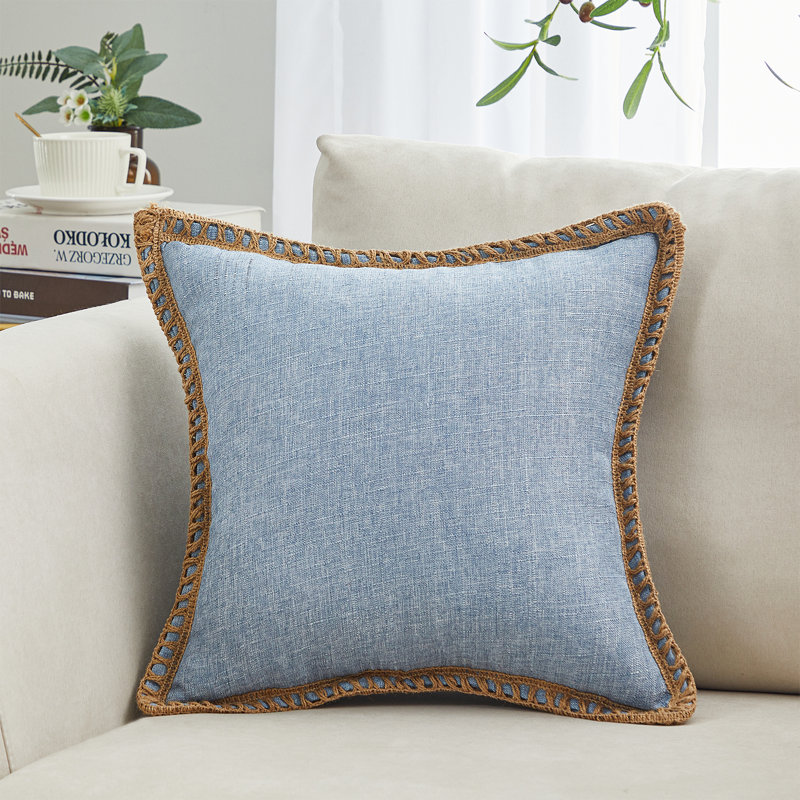 Cotton Linen Fringed Cotton Reversible Pillow Cover, Ocean Blue