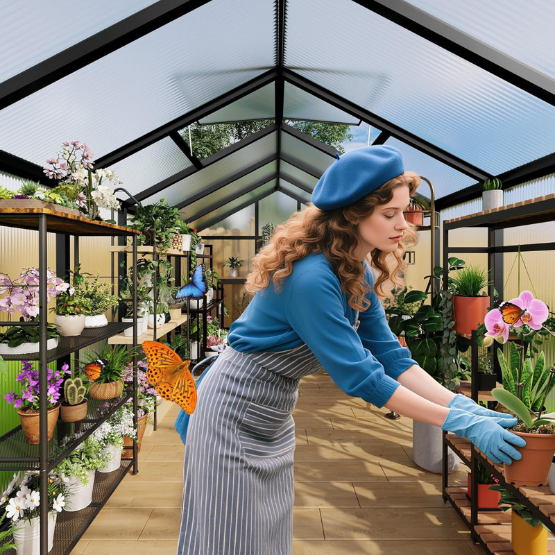 Serre, cadre en aluminium avec panneaux en polycarbonate, 6 x 8 pi, porte verrouillable et évent de toit réglable, jardin extérieur et cour arrière