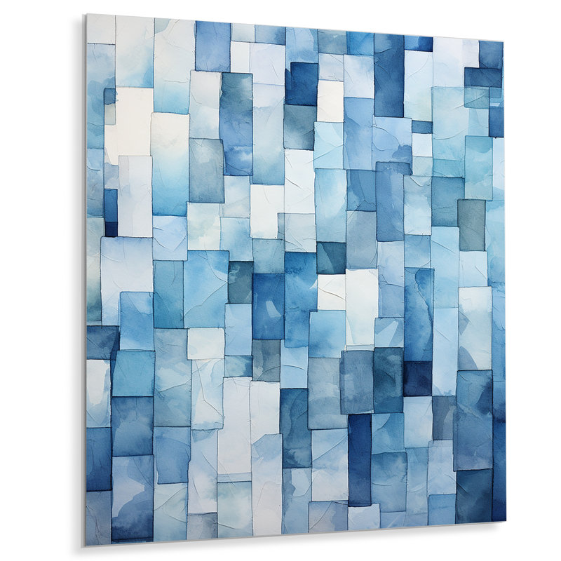Carreaux scandinaves blancs et bleus VI - tuile abstraite, art mural en métal, H 32 po x l 16 po x P 1 po