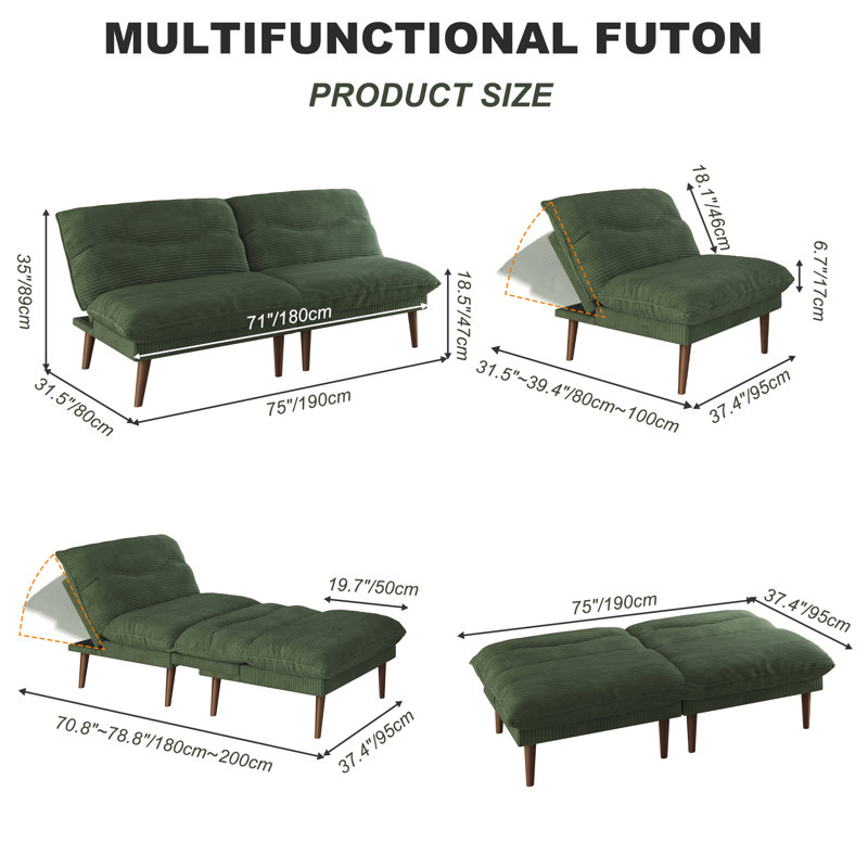 Canapé-lit convertible multifonctionnel en velours côtelé, Vert, H 18,5 po x l 75 po x P 41 po