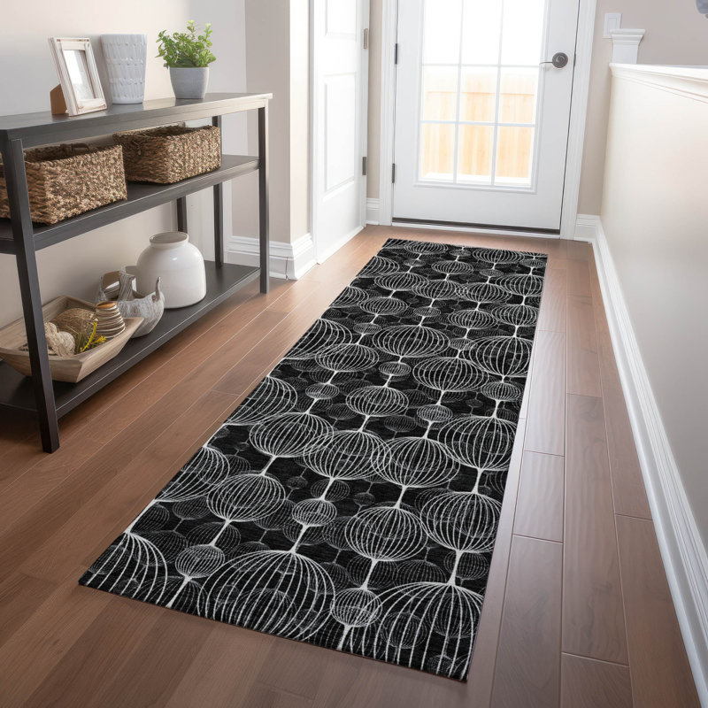 Premium Machine Washable Prisco Black Rug, Runner 2'3" x 7'6"