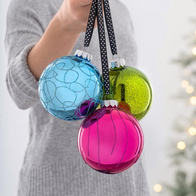 11cm Glass Bauble, Blue/Yellow/Pink