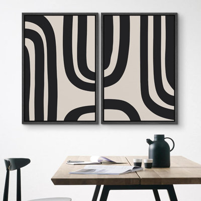 Geometric Line Shape Mid Century Modern Black Abstract Spiral Neutral Decor Framed On Canvas 2 Pieces Print Wall Art