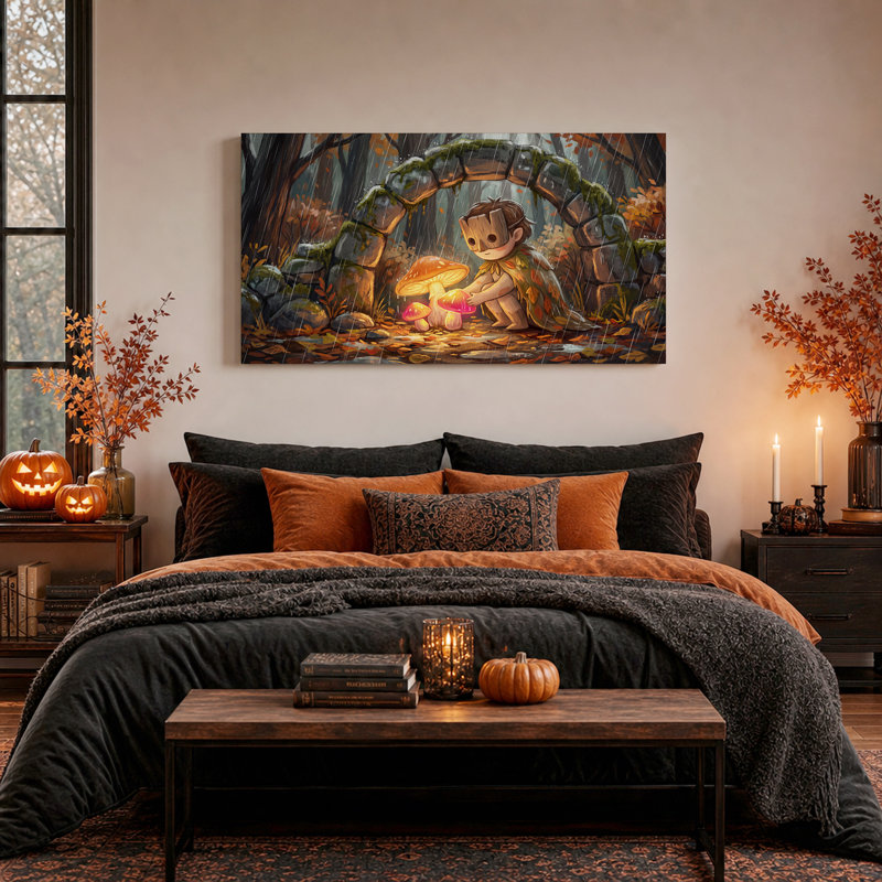 Dryade en bois avec champignons lumineux sous une pierre - Toile murale d'Halloween, 40“W x 20”H
