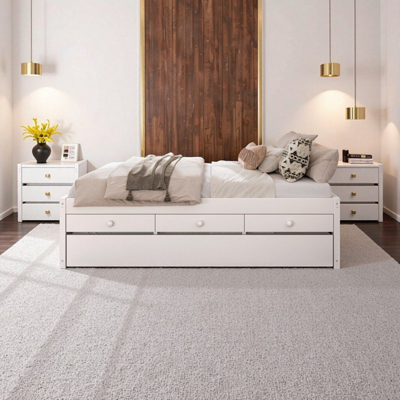 Lit plateforme double avec lit gigogne et 2 tiroirs - Lit en bois massif blanc avec multiprise intégrée, Blanc
