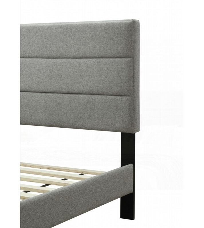Structure de lit double pleine grandeur en boîte avec port USB et sans sommier tapissier, tissu en polyester gris, Lit double