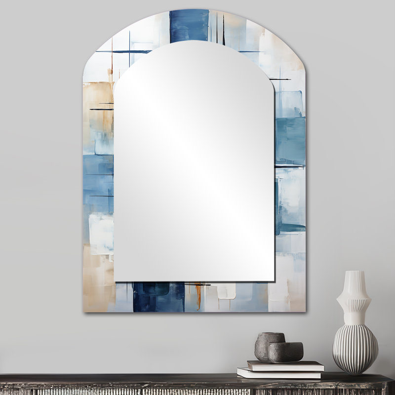 Cerulean Cubism Shapes - Abstract Shapes Arch Decorative Mirror, Modern Asymmetrical Wall Mirror, Printed Metal Art