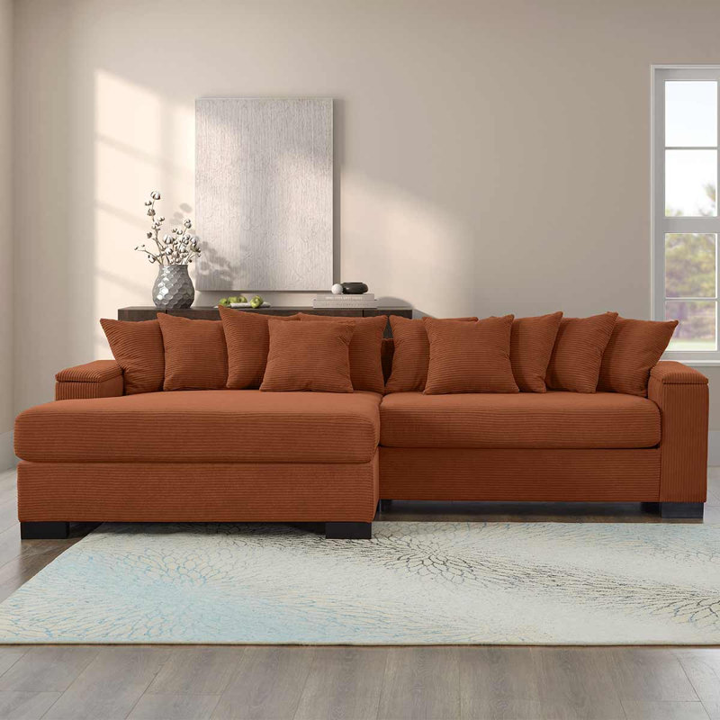 Canapé modulaire en velours côtelé 111 po avec méridienne 111 po, Brun-roux