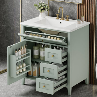 30" Bathroom Vanity with Sink, Modern MDF & Rubberwood Cabinet, Left-Side Door, 3 Drawers & Adjustable Shelf, Glossy Finish, Freestanding Storage for Medium or Small Bathrooms