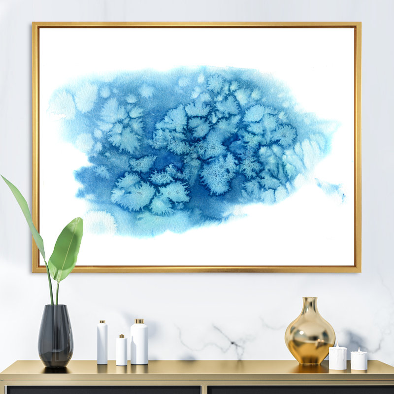 «Blue Turquoise Cloud Abstract», peinture sur toile à cadre flottant, H 16 po x l 32 po x p 1 po, Cadre doré