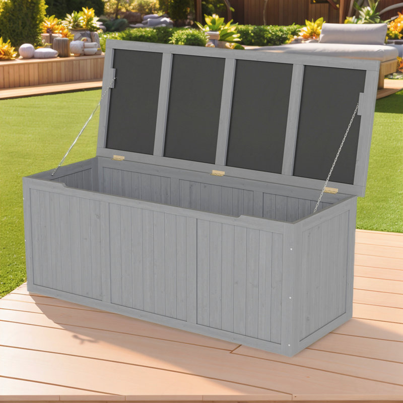 112 Gallon Outdoor Wooden Deck Box Solid Wood Storage Box Seat & Table Top For Patio Furniture Cushions, Pool Toys & Garden Tools