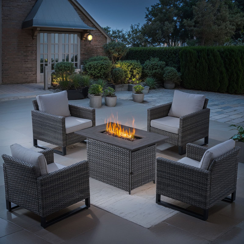 Kreda 4 - Person Outdoor Seating Group With 41" Fire Pit And Cushions, Gray, Beige