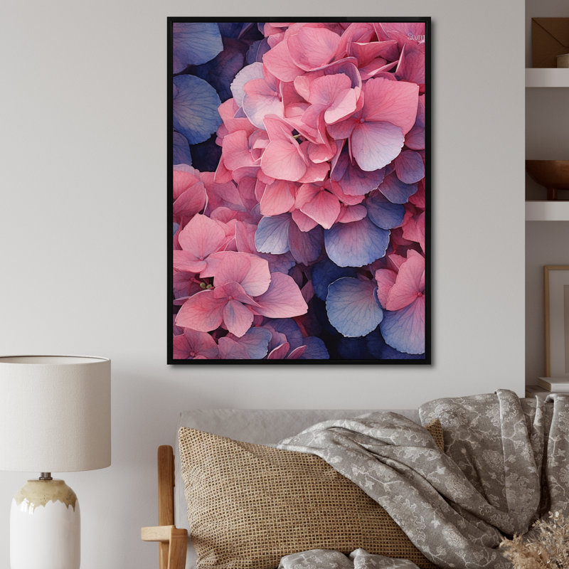 Fleurs roses et bleues d'hortensias sur toile, Cadre flottant noir, H 40 po x l 30 po x P 1,5 po