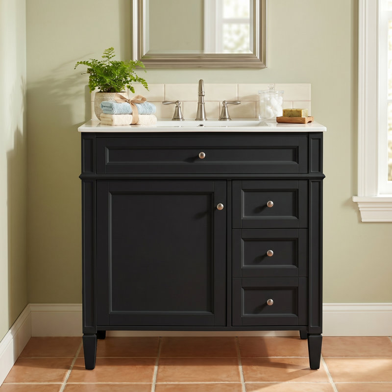 Meuble-lavabo autoportant en bois aggloméré 30 po avec lavabo en céramique blanc, armoire de salle de bain noire avec 2 tiroirs, tablettes de porte réglables et tiroir basculant