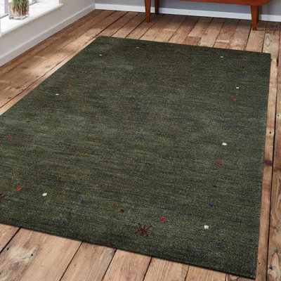 Tapis écologiques en laine noué à la main Overbey - Rectangle, couleur verte, design moderne contemporain, tapis épais antidérapants faits à la main pour salon, chambre à coucher