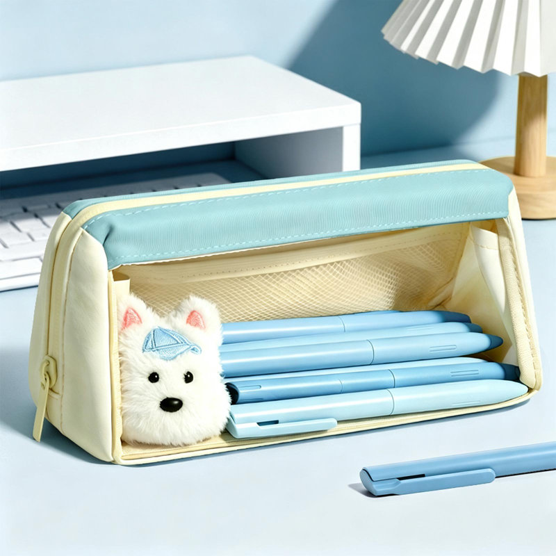 Trousse à crayons pliable en nylon, double couche, transparente, spacieuse et à large ouverture, avec support pour téléphone, idéale pour tous les élèves.