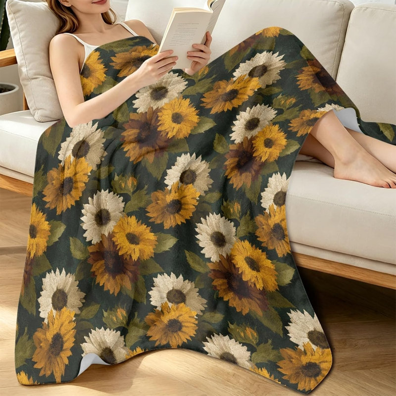 Plaid décoratif en flanelle à motif tournesol, couleur olive, 127 x 152 cm, 50 x 60 po