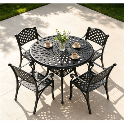 Ensemble de salle à manger 5 pièces pour patio, table de salle à manger d'extérieur avec 4 chaises, ensemble de salle à manger d'extérieur en fonte d'aluminium, ensemble de table de patio avec trou de parasol 1,97 po pour jardin et porche, bronze