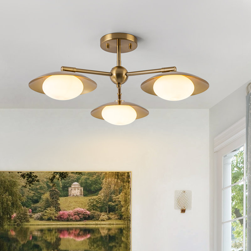 Plafonnier semi-encastré 3 lumières en verre opale spoutnik moderne 22 pouces