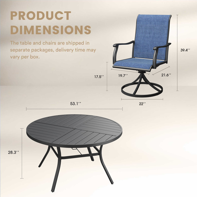 6-Person Outdoor Round Dining Set With Swivel Chair, Black/Blue