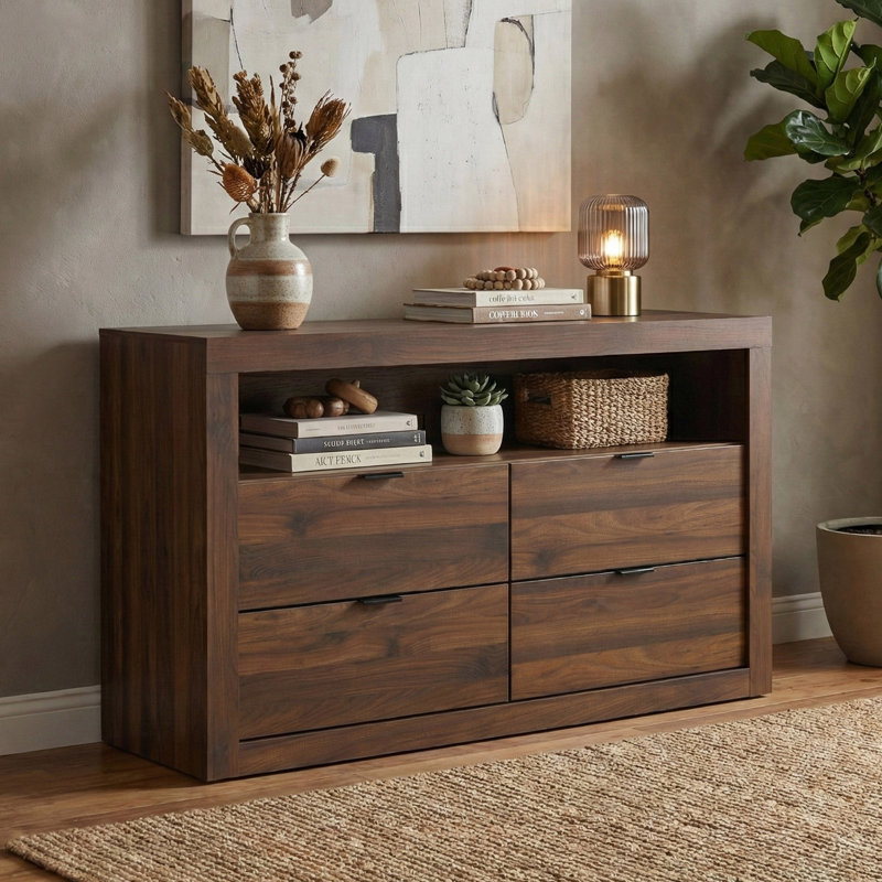 Commode 4 tiroirs avec tablette Hildebran, Brun