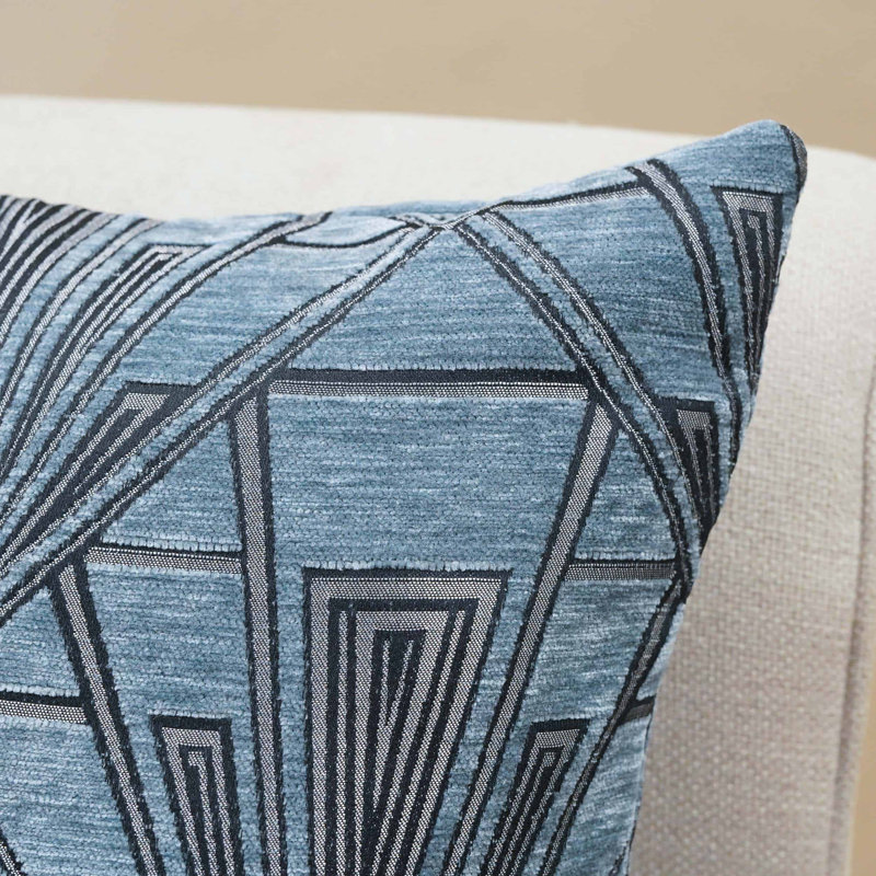 Art Deco Geometric Velvet Chenille Cushion in Steel Blue, 43x43cm, Synthetic filled