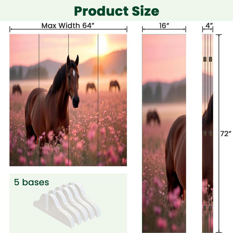 Cloison pliante 4 panneaux paravent brun royal debout champ de fleurs au coucher du soleil, 4, H 71 po x l 64 po x P 1 po