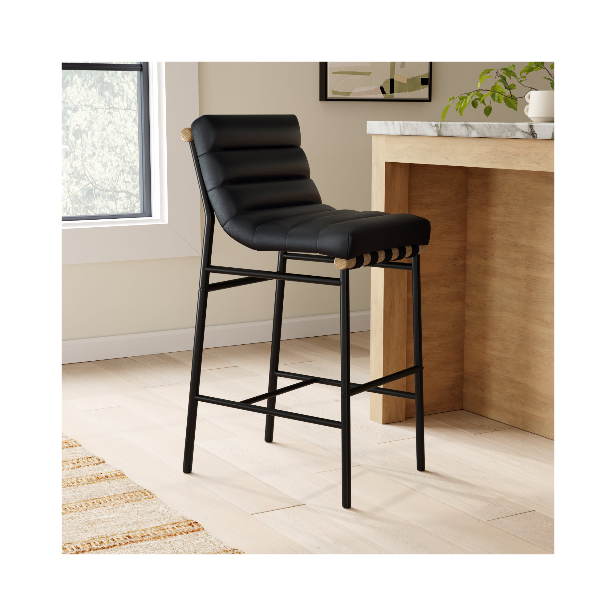 Vincentas Counter Stool, Bar Stool (29.9" Seat Height), Black Faux Leather