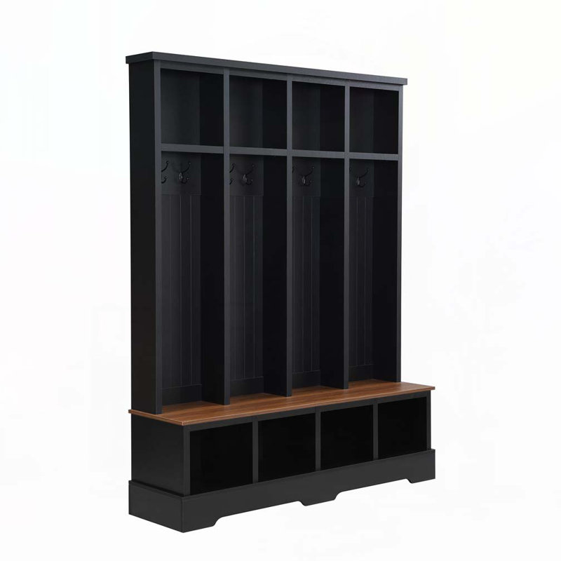 Farmhouse 59"W Wide Hall Tree with 8 Hooks, Black/Brown