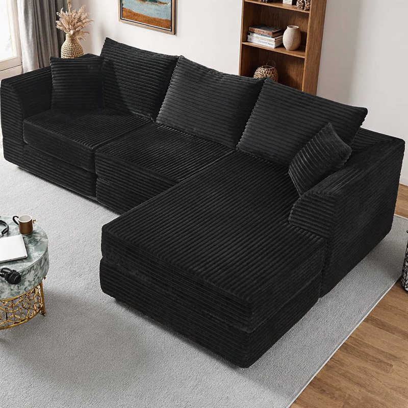 Canapé modulaire en forme de L de 102 po, 3 places avec méridienne réversible, tissu velours côtelé doux, conception sans cadre, aucun assemblage requis, coussins en mousse à mémoire de forme moelleux