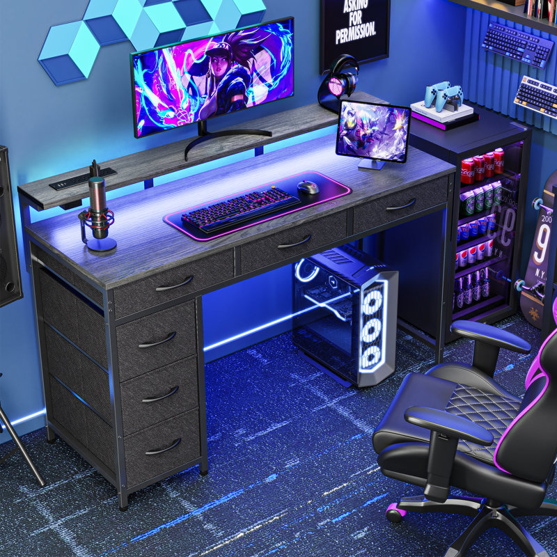 Keldric Rectangle Desk, Computer Desk with Drawers, Gaming Desk with LED Lights, Small Desk with Power Outlets, Writing Desk with Storage, Home Office Desk with Monitor Stand for Study