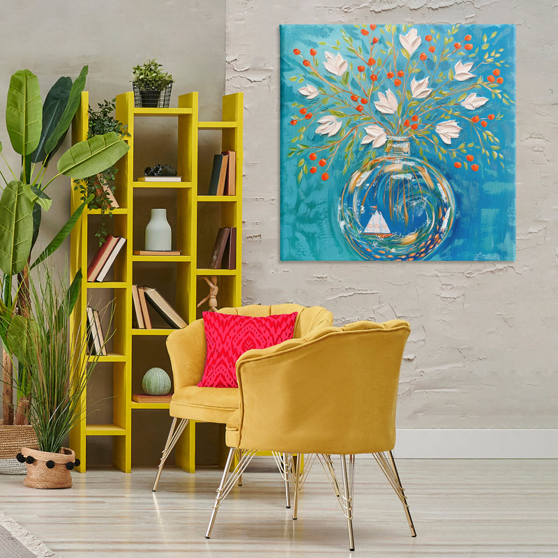 Art mural sur toile Vase, bateau à voile, par Estelle Grengs, H 36 po x l 36 po